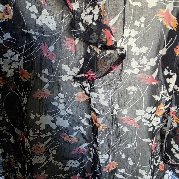Joie Black Pink Silk Sheer Floral Ruffle Tie Neck Blouse Size M Boho Romantic - Picture 8 of 14